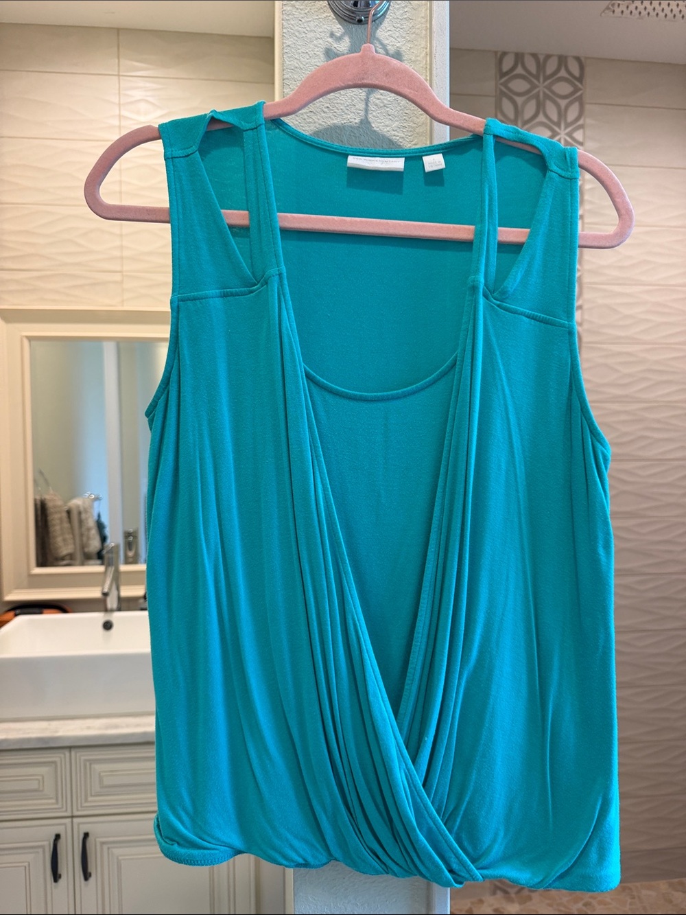 New York & Company Teal Drape Surplice Tank Top